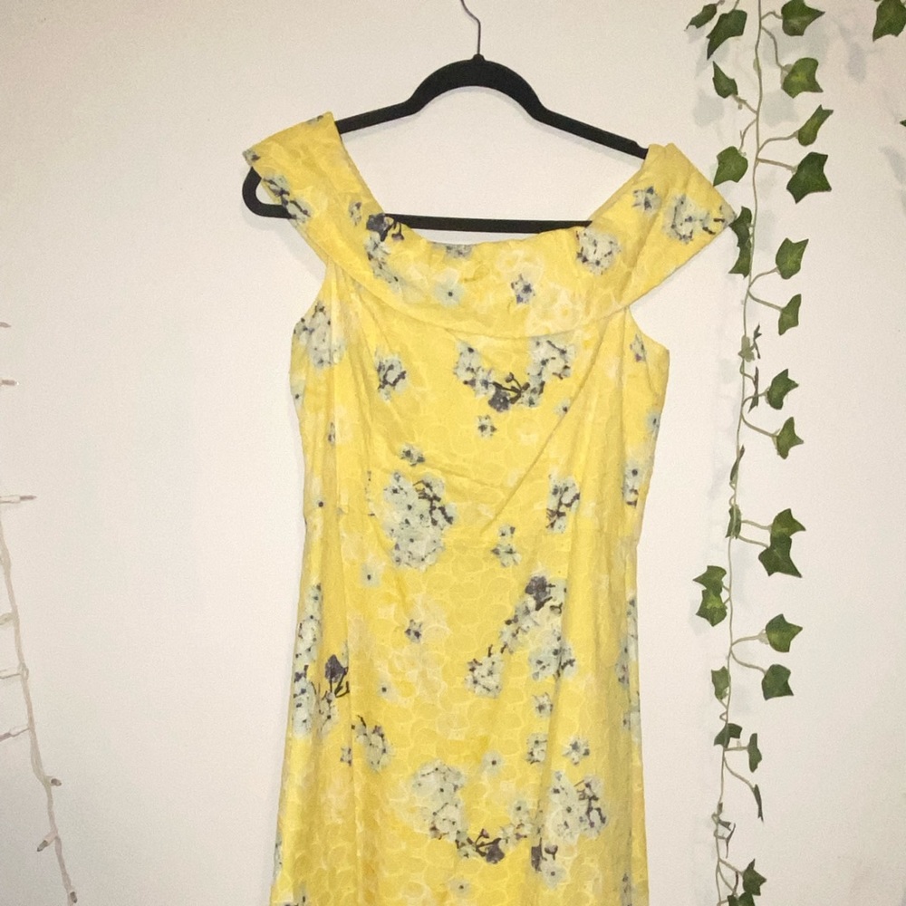 Yellow Floral Tea Over the shoulder Dress